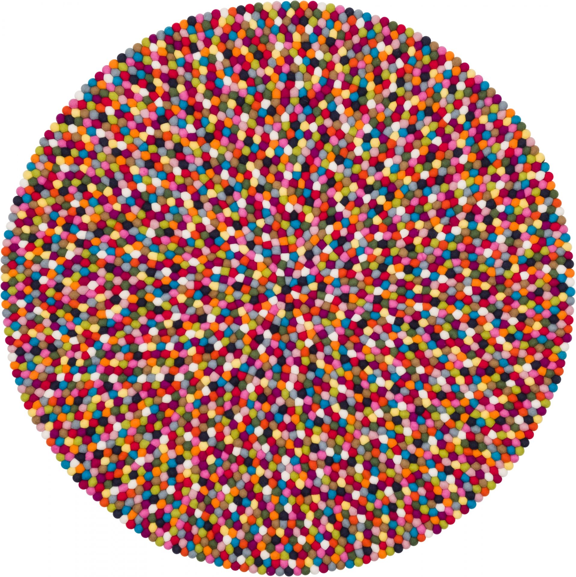 Runder, bunter Filzkugel Teppich (180cm) von myfelt, gefertigt aus vielen kleinen Wollfilzkugeln.